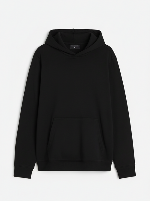 Black pullover hoodie with 'Brooklyn Varsity Club' print, made of super combed cotton fleece for a comfortable fit.