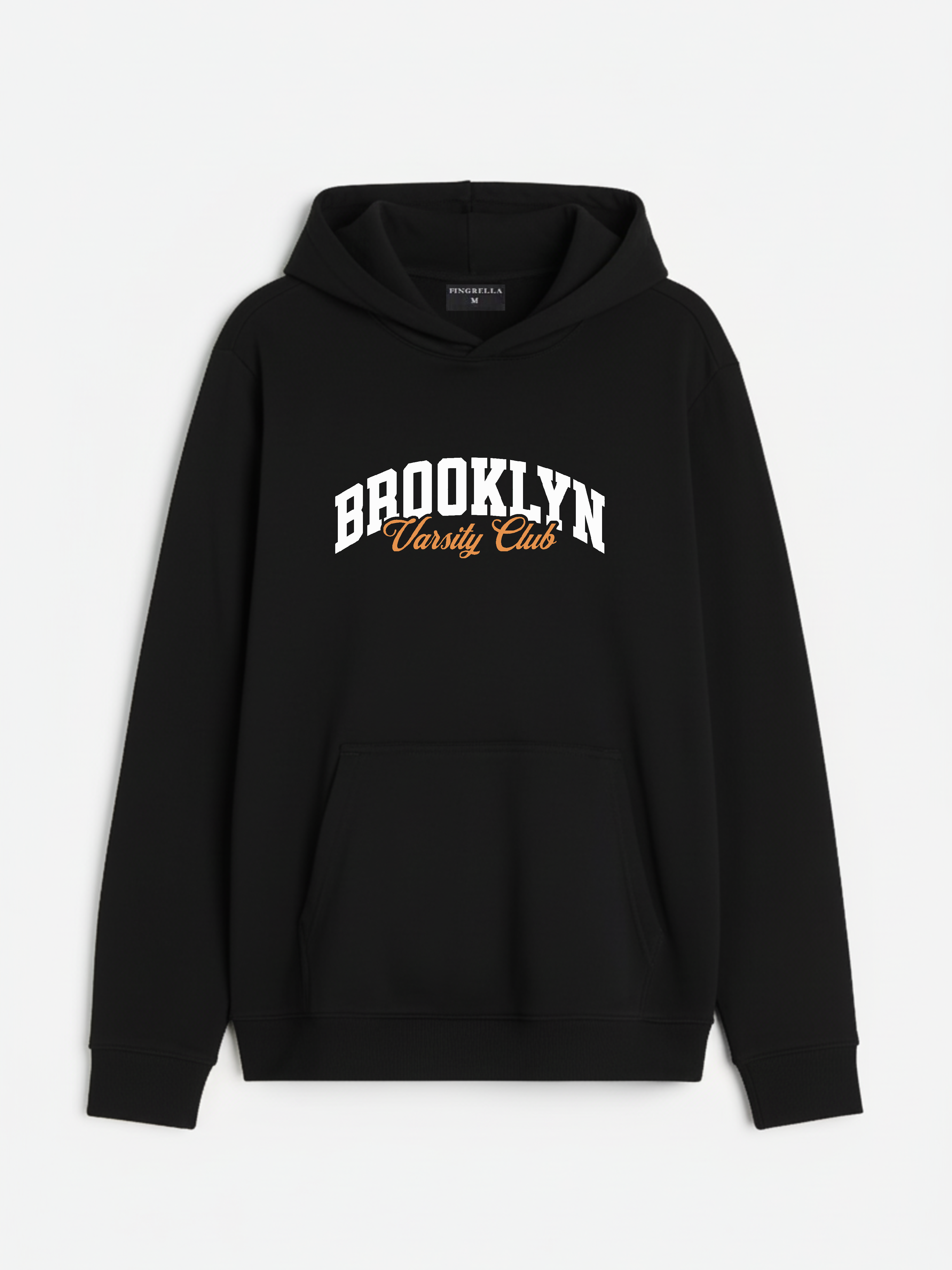 White pullover hoodie with 'BOSTON' printed in green and yellow, made from 100% super combed cotton fleece.