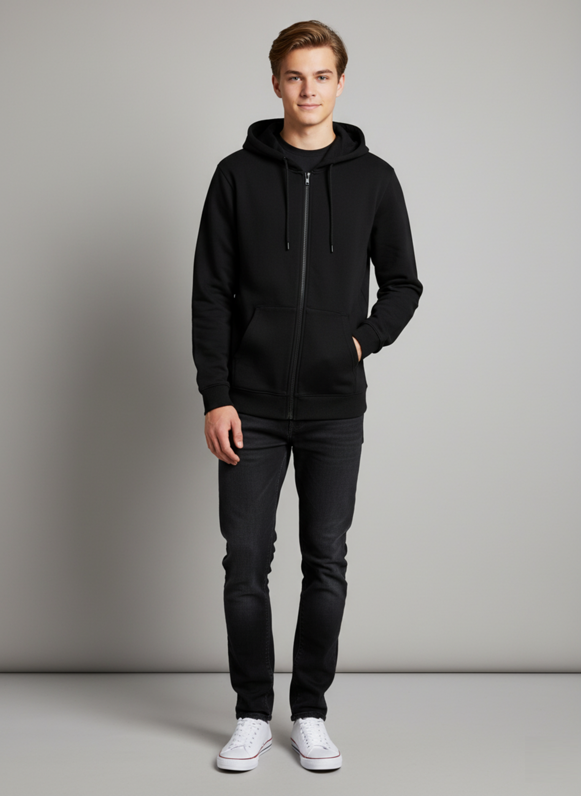 Black - regular fit zip through hoodie