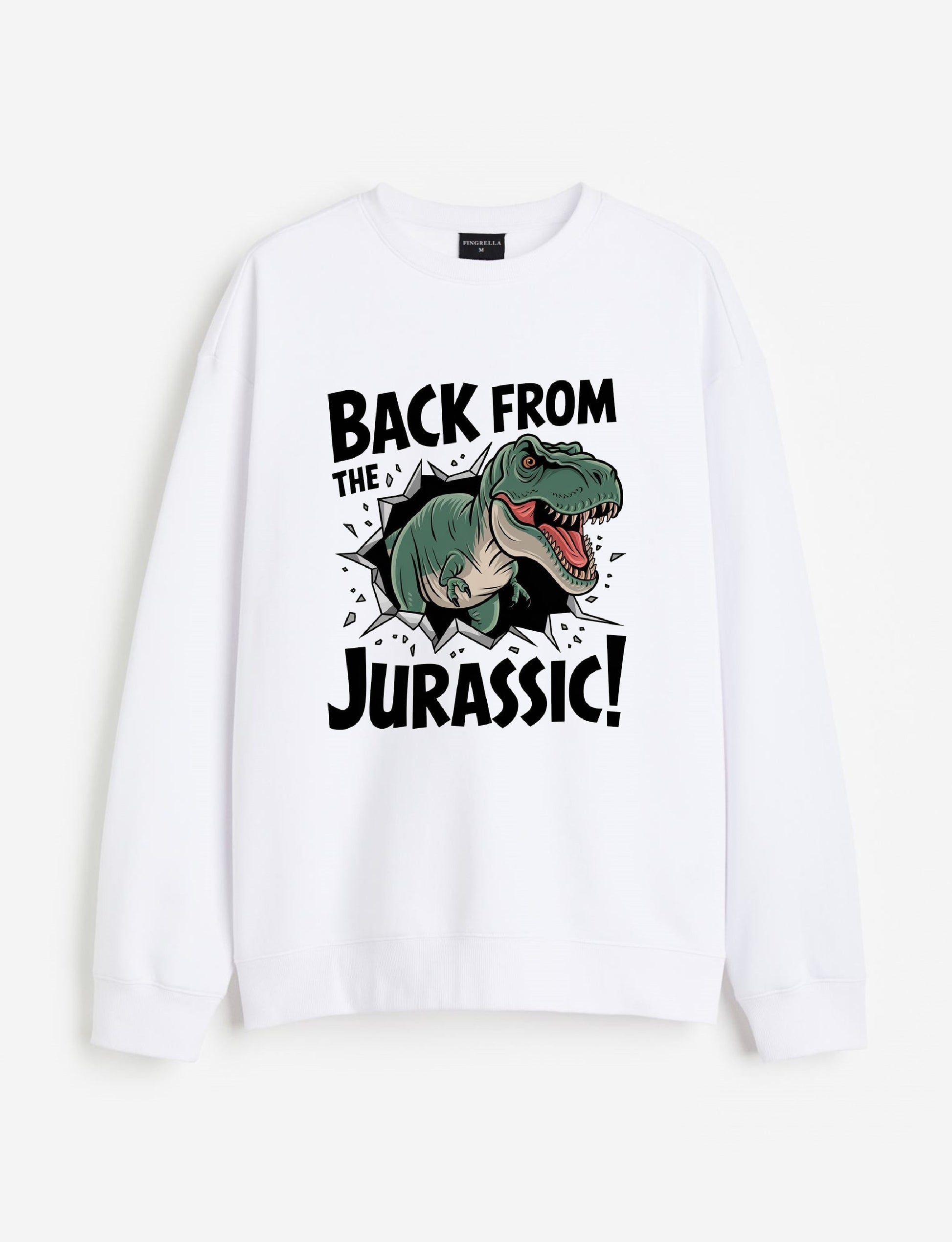 White sweatshirt featuring a dinosaur graphic with the text 'Back from the Jurassic!' for a trendy look.