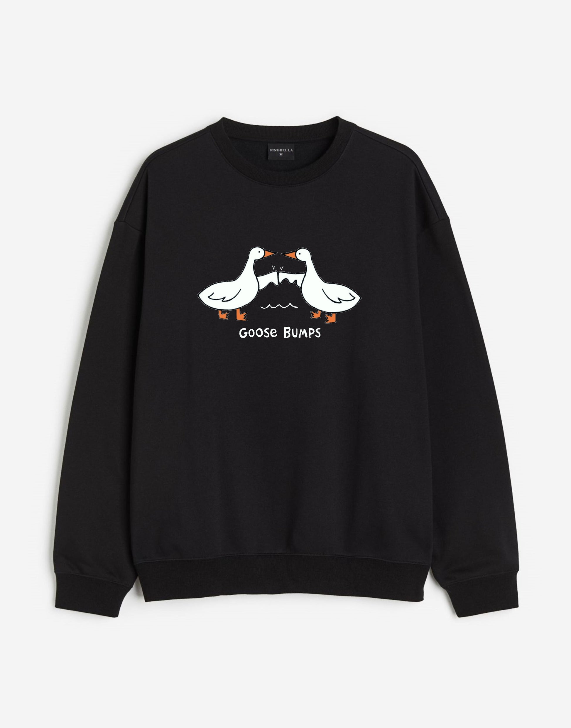 Black sweatshirt featuring playful geese design with 'Goose Bumps' text, perfect for casual style.