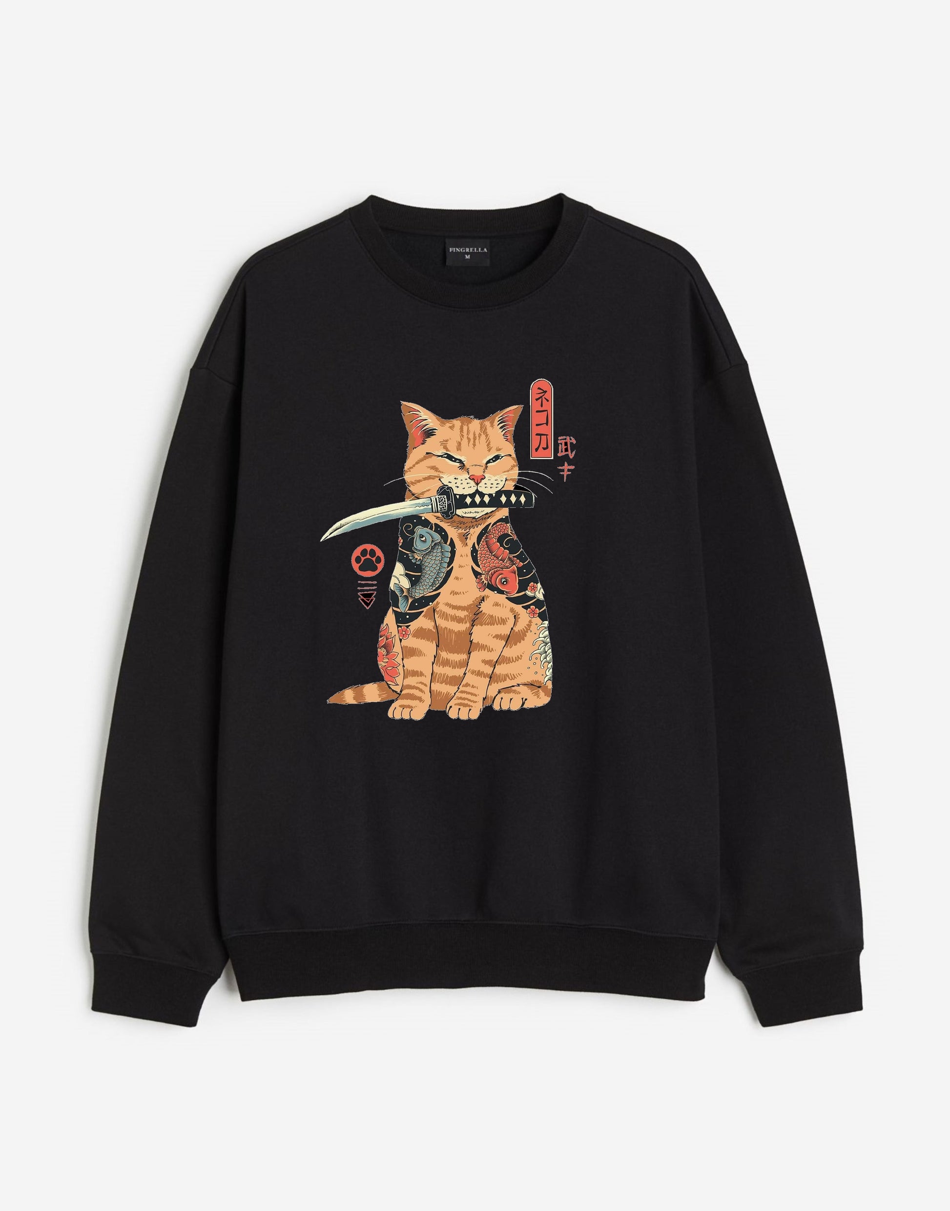 Black sweatshirt featuring a cat with a katana graphic design, ideal for cat lovers and unique fashion.