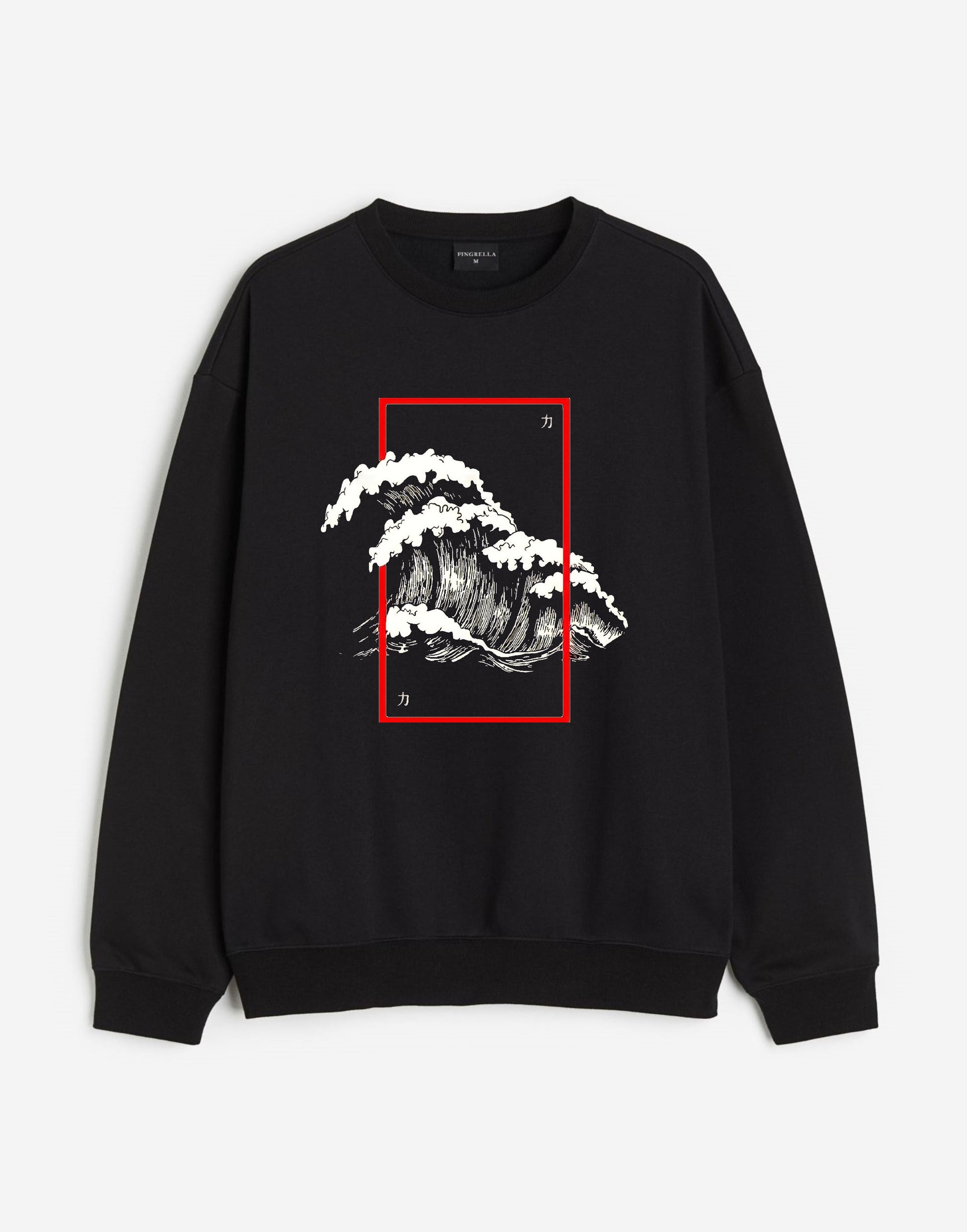 Black sweatshirt featuring a graphic print of crashing waves framed in red for a stylish urban look.