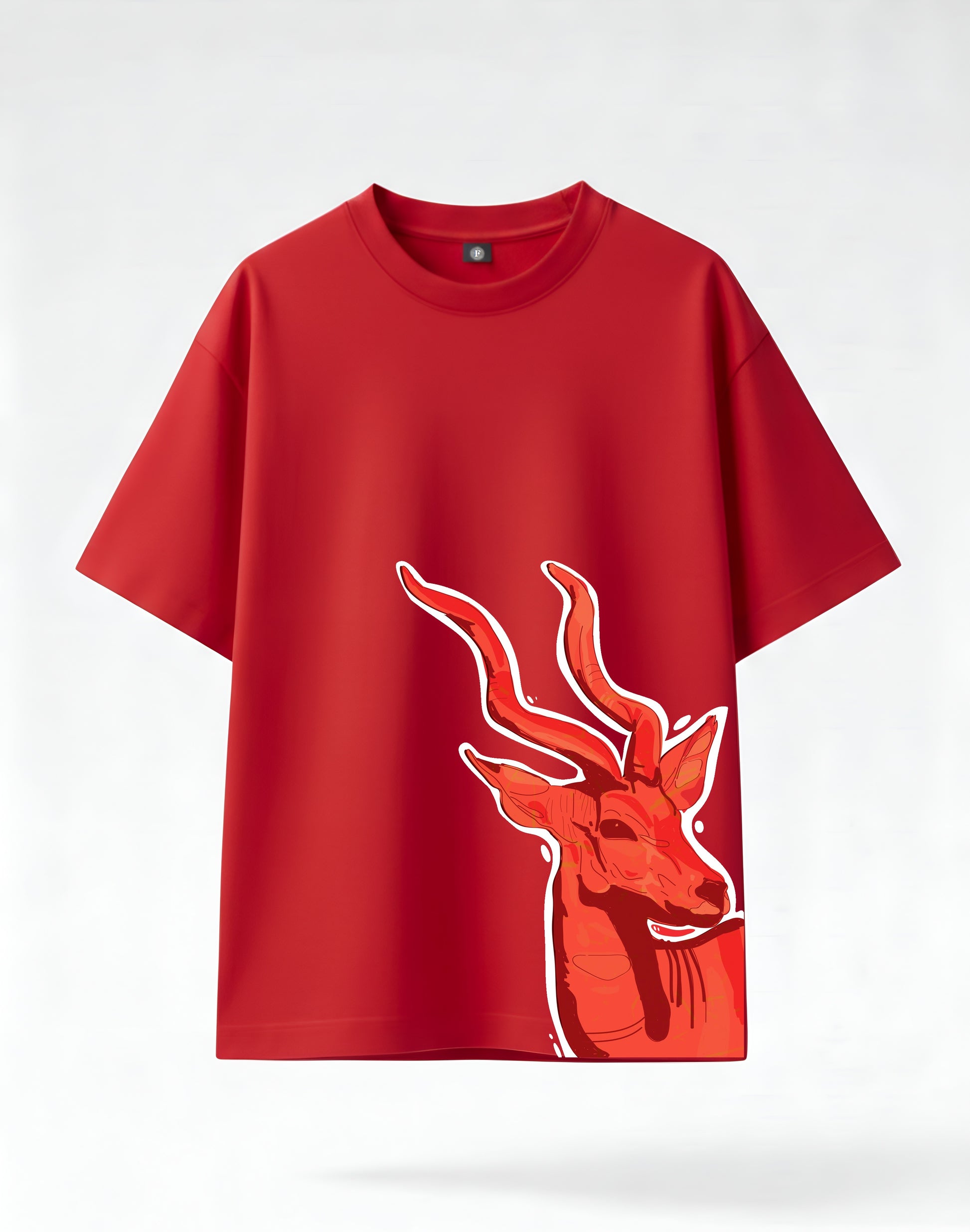 red heavy weight printed t shirt featuring a Crimson kudu antelope