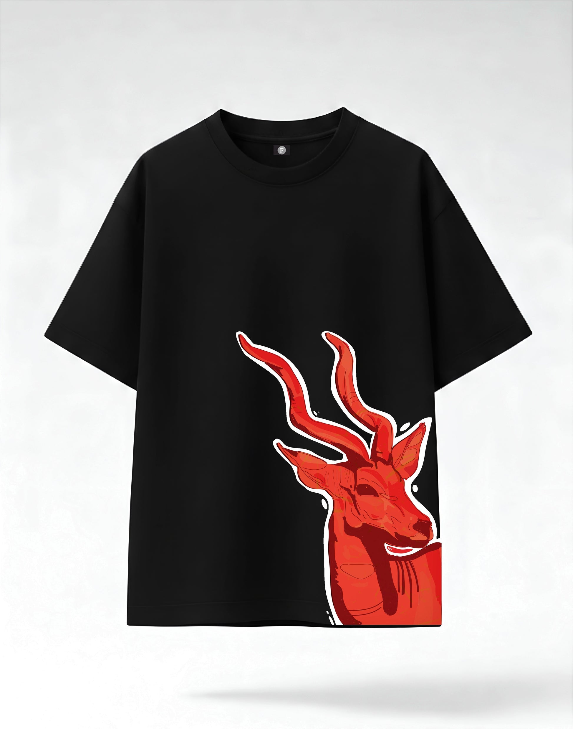black heavy weight printed t shirt featuring a Crimson kudu antelope