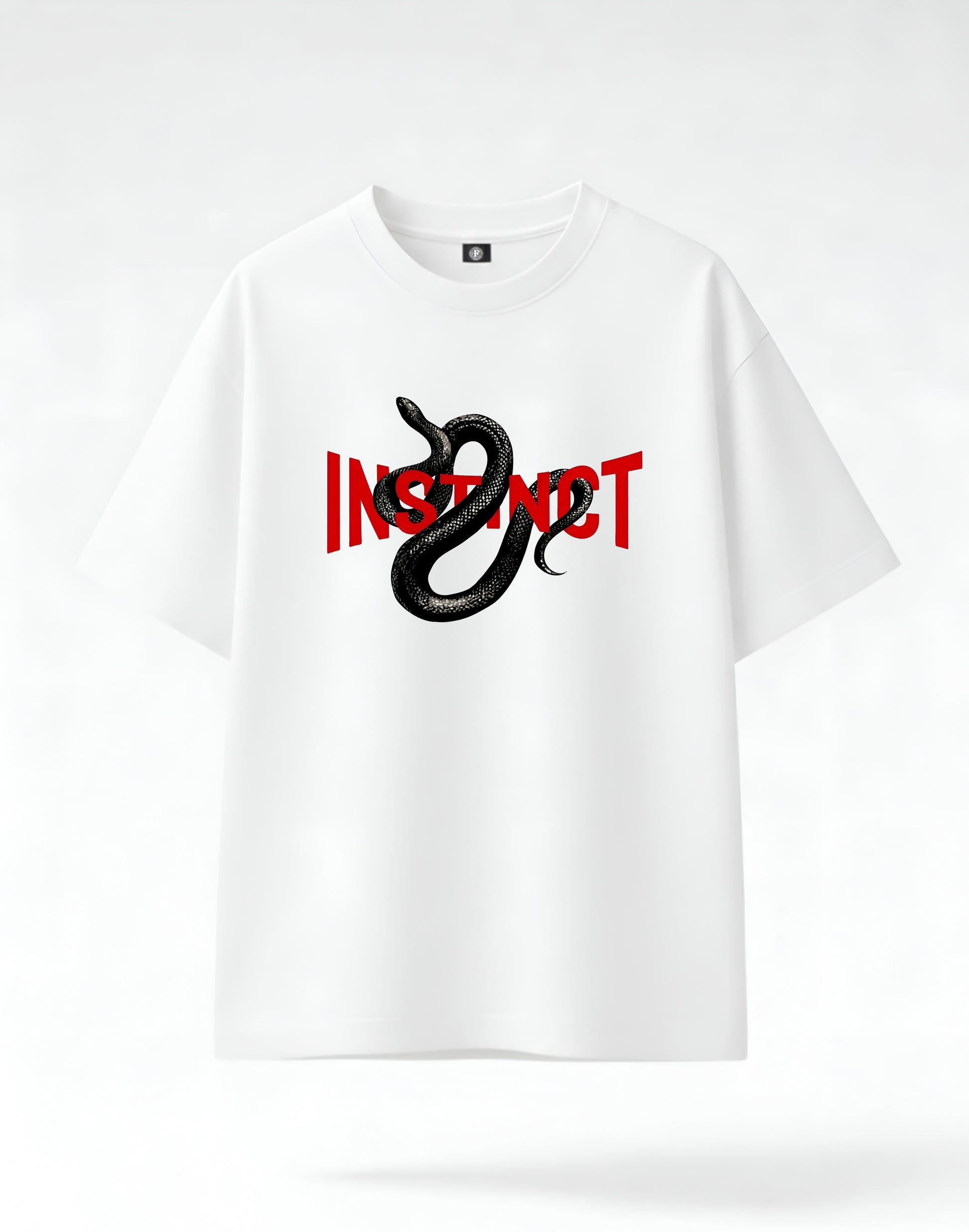 Instinct - white HW shirt featuring a snake design and bold red lettering.