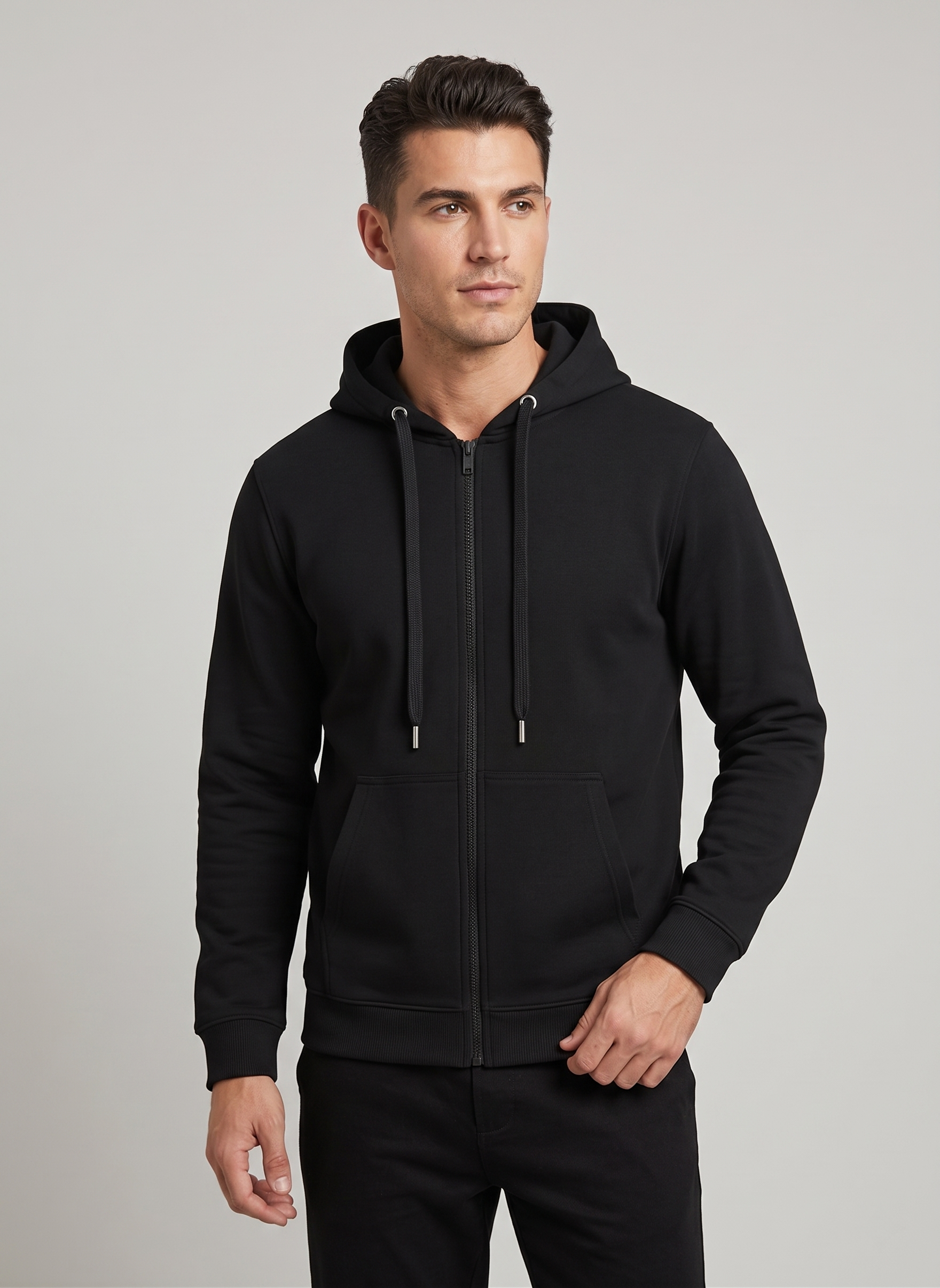 Black - regular fit zip through hoodie